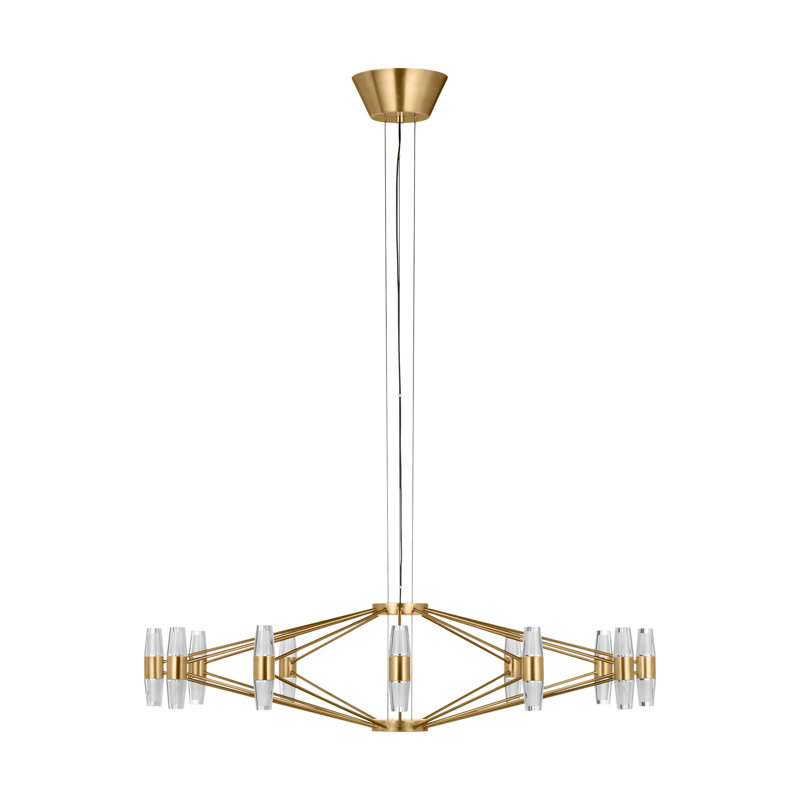 Sean Lavin Lassell large chandelier in natural brass finish with crystal glass shades, Hand Rubbed Antique Brass