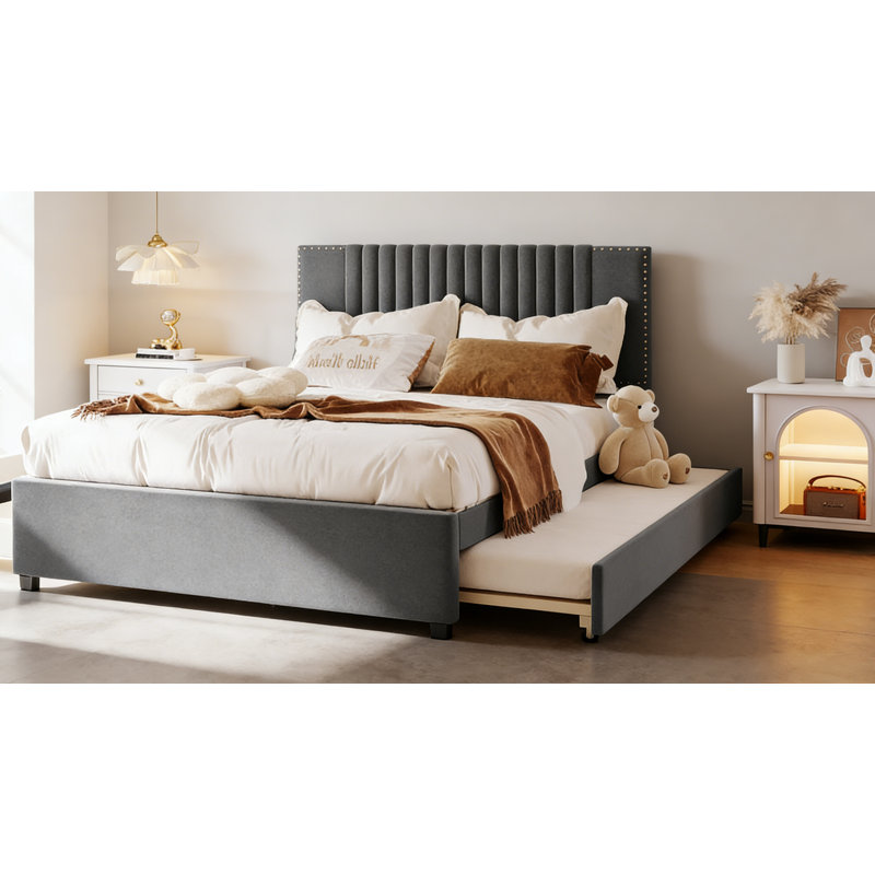 Lit plateforme double tapissier pleine grandeur avec 2 tiroirs et 1 lit gigogne simple, tête de lit classique, gris, Gris