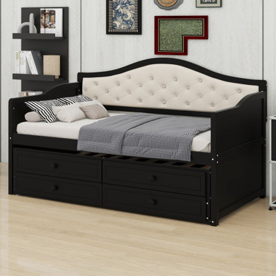 Stylish Upholstered Daybed with Trundle, 2 Storage Drawers and Button Tufted Backrest