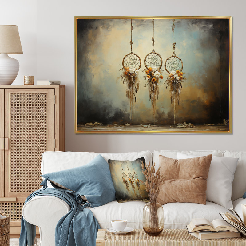 «Beige Dream Catcher Rustic Charm II», reproduction sur toile, Cadre flottant doré, H 16 po x l 32 po x P 1 po