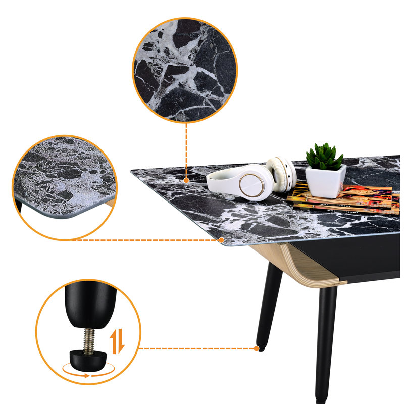 Table basse de 47 po avec verre marbré noir, bois massif, pieds évasés avec verre marbré, fabrication et rangement en bois cintré
