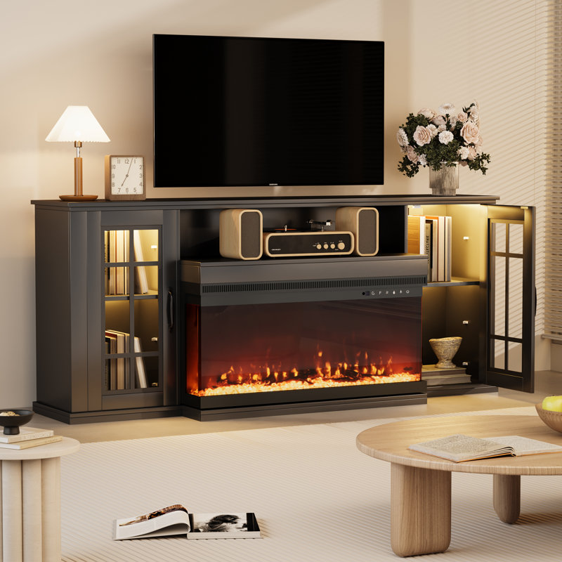 70" TV Stand for TVs up to 80" with Fireplace Included, Black