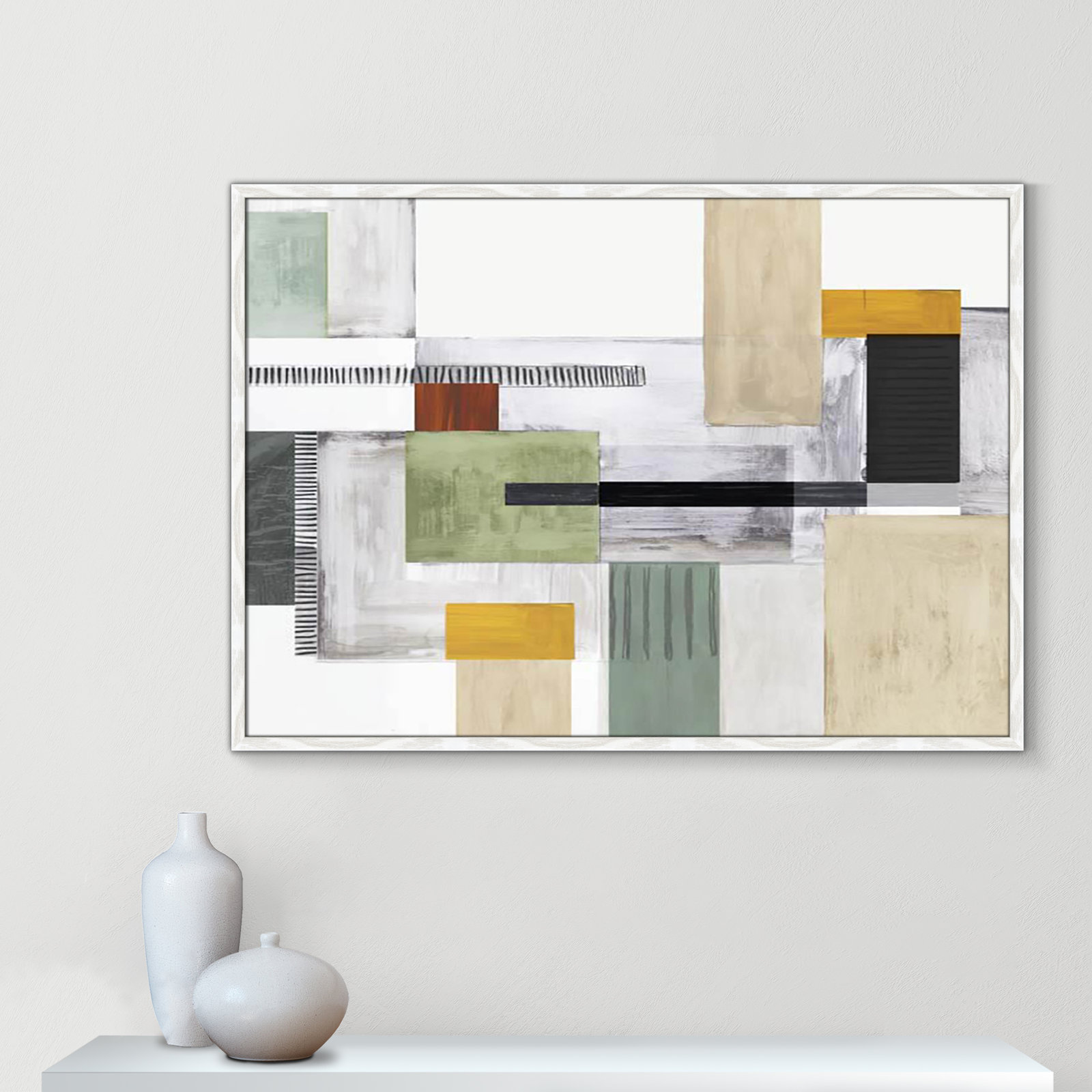 Playful Blocks Print by Tom Reeves, No Mat, 29.5" H x 41.5" W x 0.75" D, White Slim Picture Framed