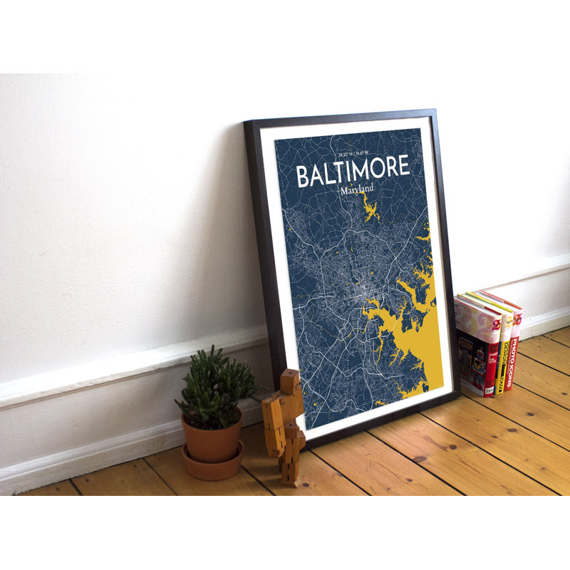 «Baltimore City Map», reproduction d'impression sur affiche en bleu, H 17 po x l 11 po
