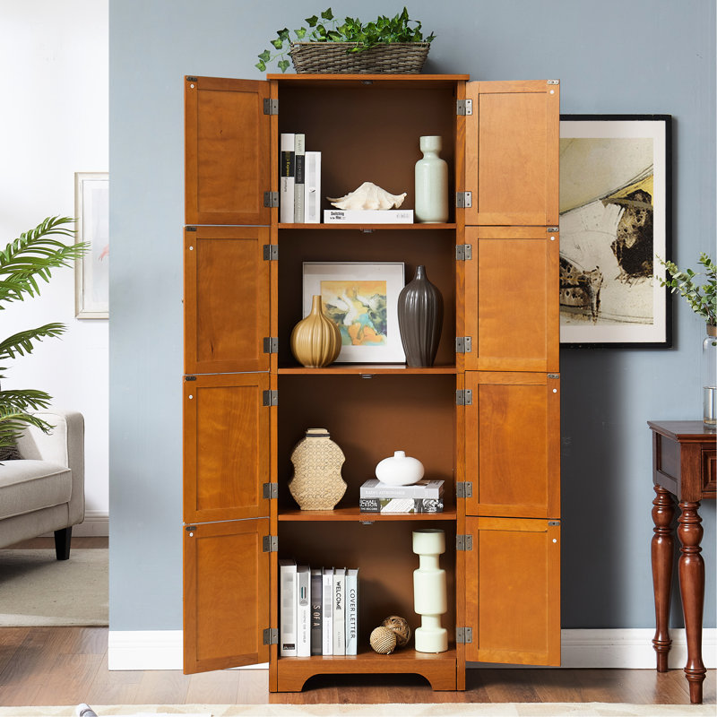 Armoire en chêne de 72,4 po de hauteur avec 8 portes et 4 tablettes. Pour différents endroits. Extérieur lisse, construction robuste, divers emplacements. Finition, construction