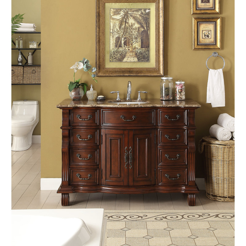 Meuble-lavabo de salle de bain Hopkinton traditionnel autoportant de 127 cm (50 pouces) en bois de cerisier, lavabo simple, dessus brun baltique, entièrement assemblé, collection Benton