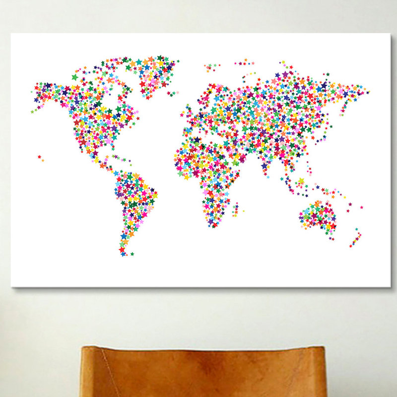 « étoiles du monde carte ii », impression sur toile tendue en blanc, H 12 po x l 18 po x P 1,5 po, Toile tendue, Pas de tapis