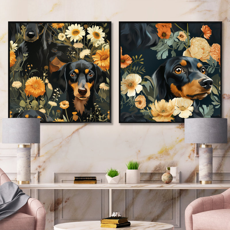 Daschund Dog - animaux, ensemble de 2 collages carrés, Cadre flottant noir, H 30 po x l 61 po