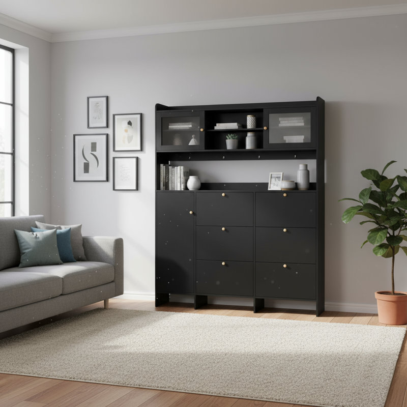 Grande armoire multifonctionnelle noire pour vestibule, armoire à chaussures tendance (6 tiroirs rabattables + tablette de rangement) + portemanteau avec portes en verre trempé, incluant 4 crochets