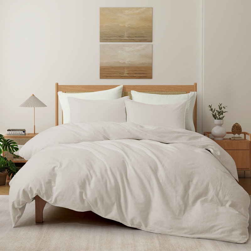 Linen and Cotton Duvet Cover with Pillowcase, Queen Duvet Cover + 2 Standard Pillowcases, Beige