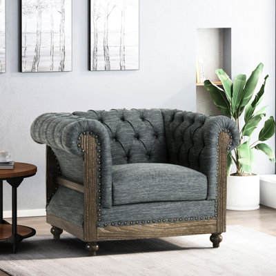 Appealing Club Chair In Charcoal , Intense Button Tufting, Scrolled , Nailhead Accents, Birch Legs Stunning Featuring Fabric, Fine Arms, Trim, Wood Base