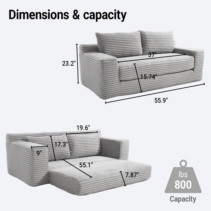 Canapé-lit 56 po en mousse à mémoire de forme, canapé convertible 2-en-1 avec revêtement en velours côtelé, sans assemblage, compact, gris
