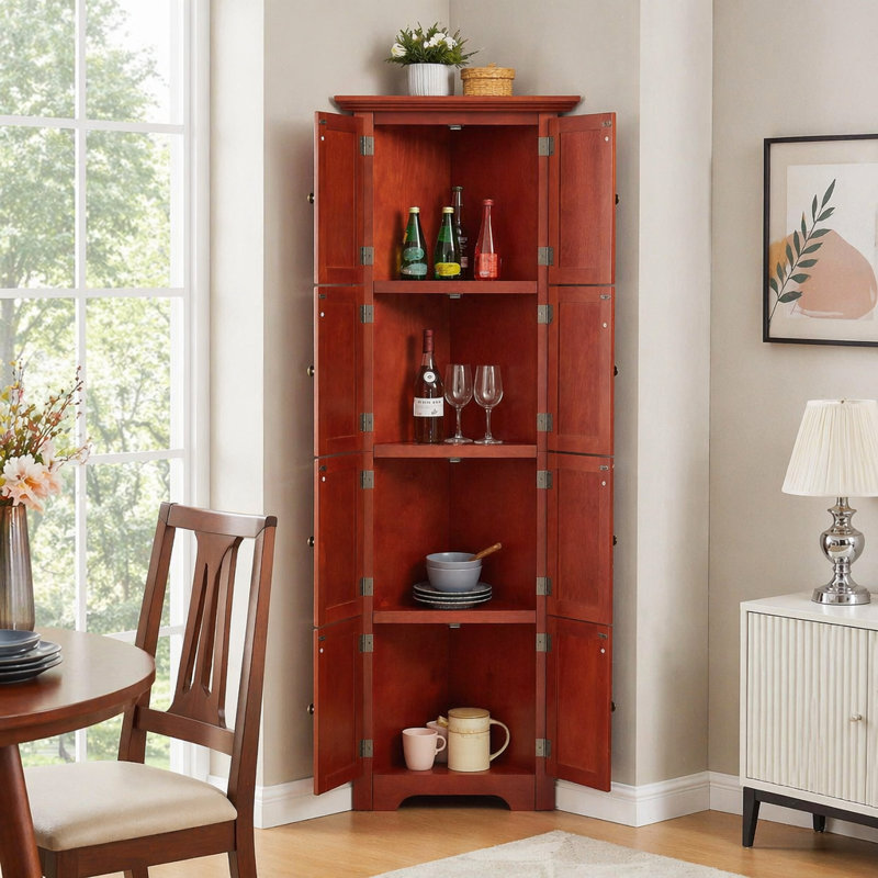 Armoire de rangement pour garde-manger de coin à 4 niveaux avec 8 portes, maximisant l'espace et l'efficacité organisationnelle dans n'importe quelle pièce