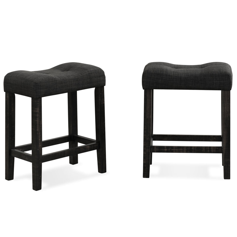 2 tabourets de comptoir à hauteur de selle, bouton gris avec coussins d'assise et de repose-pieds, 2 coussins en bois d'hévéa massif, bois