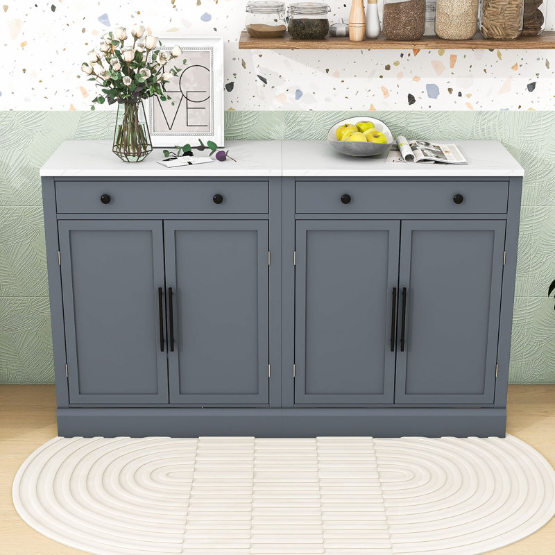 Garde-manger moderne 2 pièces avec tablettes réglables, tiroir et plateau en faux marbre, Gris