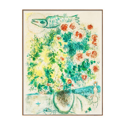 Impression sur toile encadrée, "Le poisson volant et le bouquet de fleurs" par Marc Chagall, art mural pour le salon, décorations de bureau à domicile