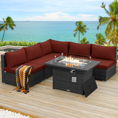 Arisbel 6-Piece Wicker Outdoor Modular Sectional Conversation Set with 43" Fire Pit Table, 60,000 BTU, High-Back 4.1" Cushions
