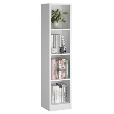 Bibliothèque autoportante blanche à 4 niveaux en métal, tablette de rangement étroite et ouverte avec système anti-basculement, présentoir en acier laminé à froid pour salon, chambre et bureau