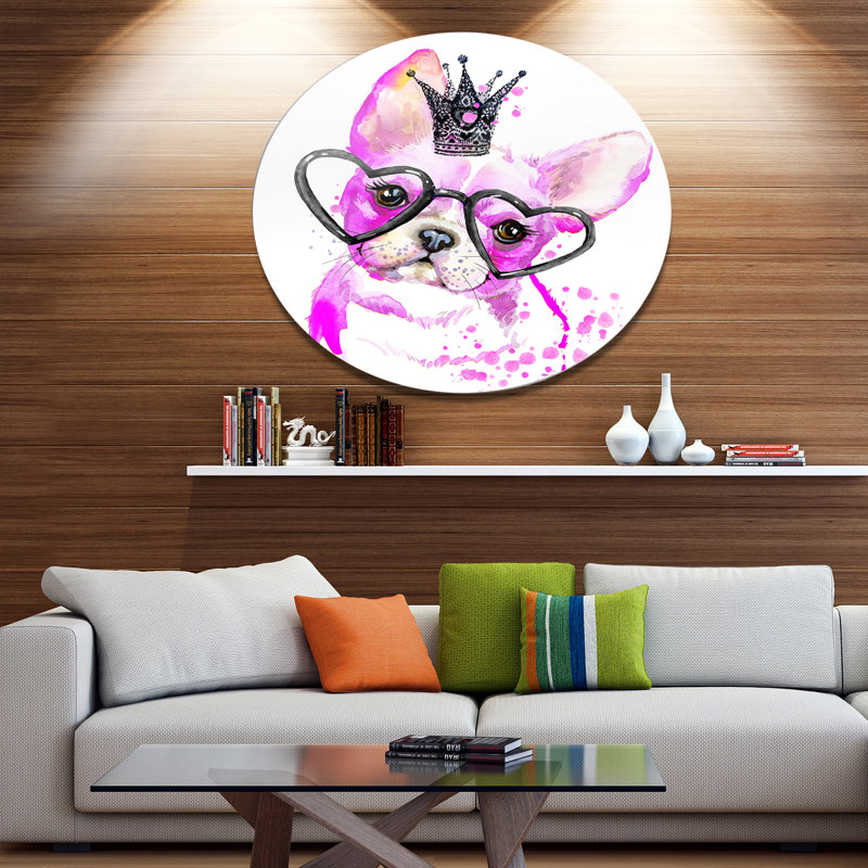 Mignon chien rose avec des lunettes en forme de cœur - reproduction d'art, H 11 po x l 11 po x P 1 po, Métal