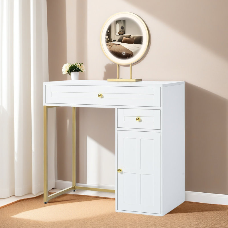 Meuble-lavabo 31,5 po avec miroir éclairé, coiffeuse de luxe avec 2 tiroirs et 1 armoire, 3 modes d'éclairage disponibles pour la chambre à coucher, or blanc
