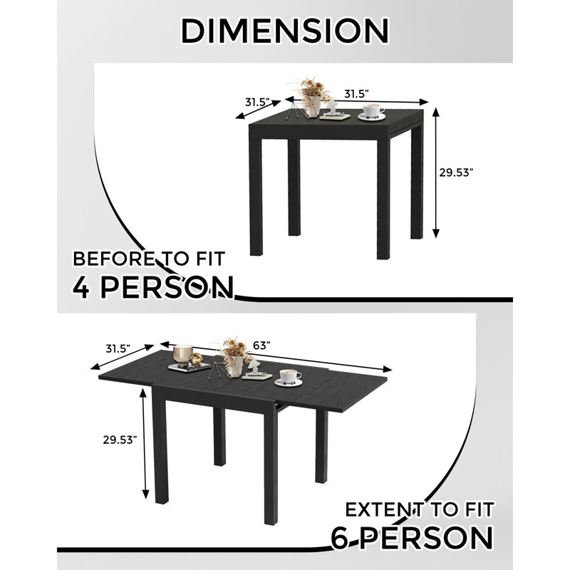 Table de patio extensible pour 4 à 6 personnes, table en aluminium avec plateau à motif en bois pour le jardin, la cour et la terrasse