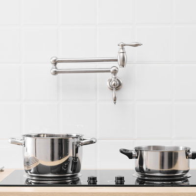 Commercial Wall Mount Pot Filler, Brass Kitchen Folding Faucet, Black Finish, Contemporary Design, 360 Rotatable Spout, Leak - , Smooth And Easy To Clean Matte Black, Style, Double Joint Swing Arms,
