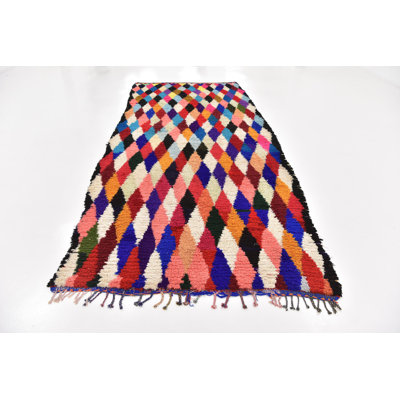 Tapis intérieur en laine bleu/beige/noir 6 pi x 13 pi 8" one-of-kind "à la main noué la 1970 Wadebridge