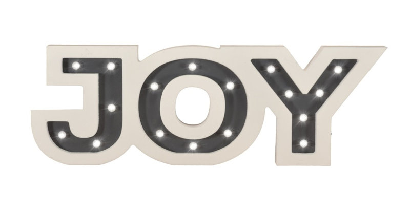 Enseigne lumineuse 17,75 "pré-éclairée à piles en bois blanc et gris blanc chaud avec DEL" Joy "avec minuterie