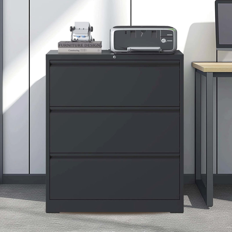 Modern Style, 3 Drawer, Lateral Metal File Cabinet, Matte Black Finish, Lockable Drawers, Full - Extension Tilt Hardware Heavy Duty, Steel Office Adjustable Rods, Letter/Legal/A4/F4, Secure