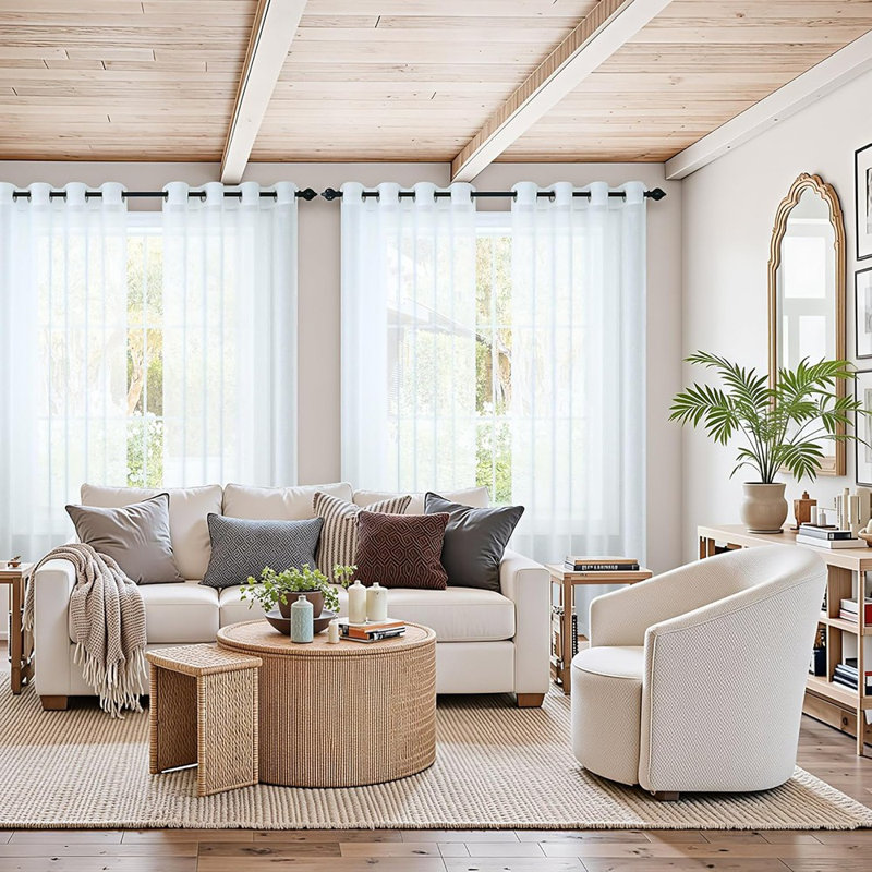 Rideaux transparents en faux lin blanc - 2 panneaux à œillets, voile filtrant la lumière, Blanc, L 52 po x L 96 po