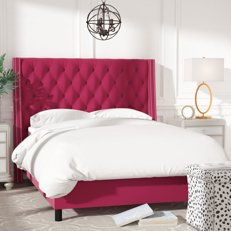 Lit à oreilles tapissier Avala, Double, Velours classique, gris clair