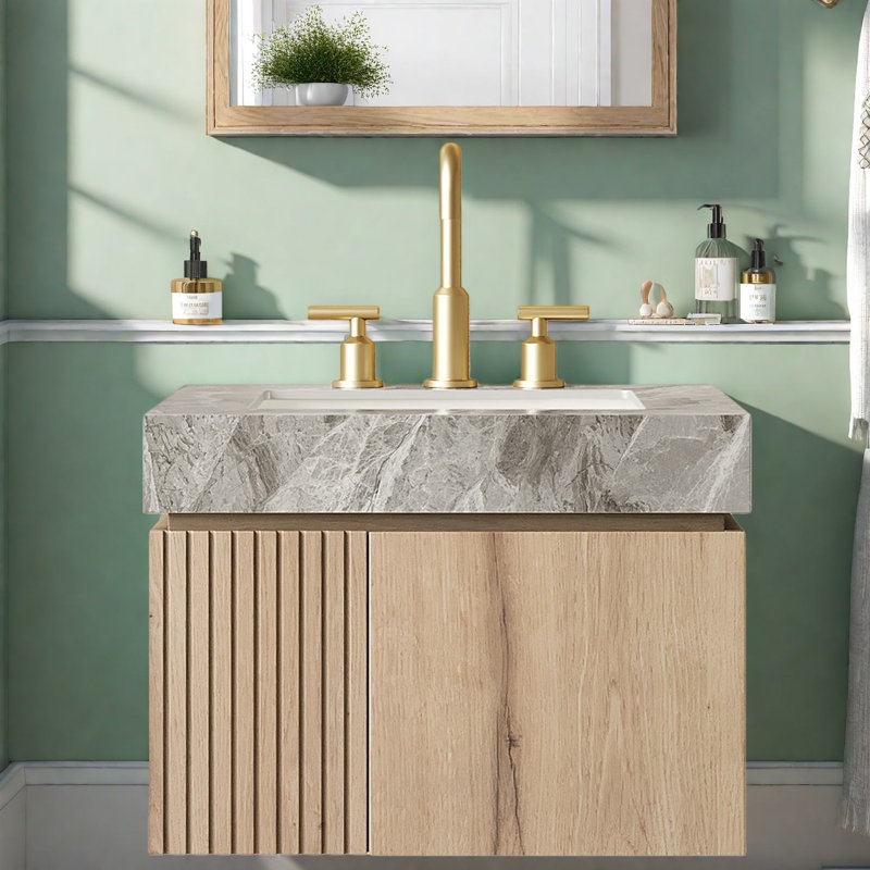 Dans un meuble-lavabo et un lavabo flottant, rangement de salle de bain moderne en contreplaqué