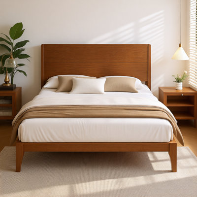 Lit plateforme en bambou de style Mid-Century, structure en bois écologique avec support en lattes de métal, aucun sommier tapissier requis