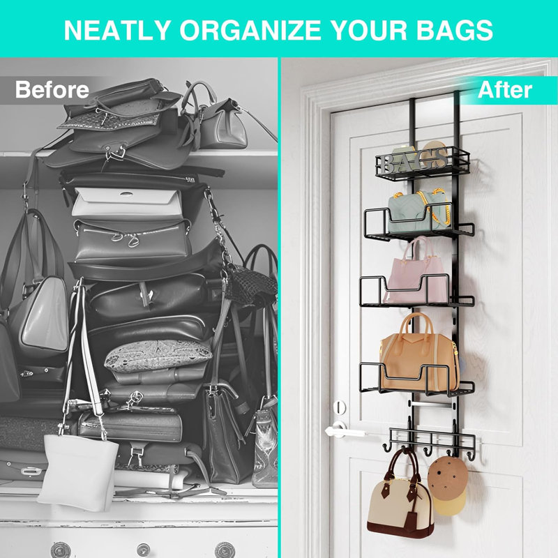 Over Door Purse Organizer With Adjustable Baskets, Wall Mount Handbag Holder Storage Rack, Detachable 5-Tier Modular Design For Closet Organization