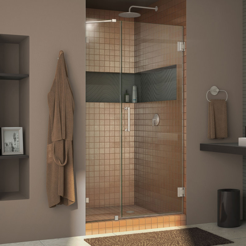 Porte de douche à charnière sans cadre UnidoorLux, Nickel brossé, 43 po (porte de 29 po et panneau de 14 po)