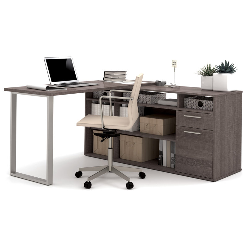 Bureau en L 118 W avec classeur latéral et bibliothèque Carreno, Écorce gris