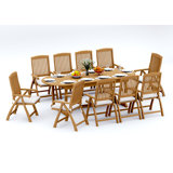 10 Seats 11 Pcs Grade-A Teak Wood Dining Set: 94" Mas Oval Trestle Leg Table And 10 Marley Folding Reclining Arm Chairs #11MR2310