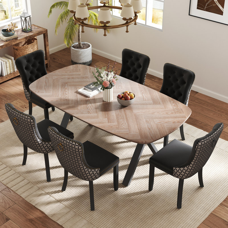 Rectangle Dining Set with Tufted Dining Chair, Black/Beige, 29.5"H x 71"L x 35.4"W