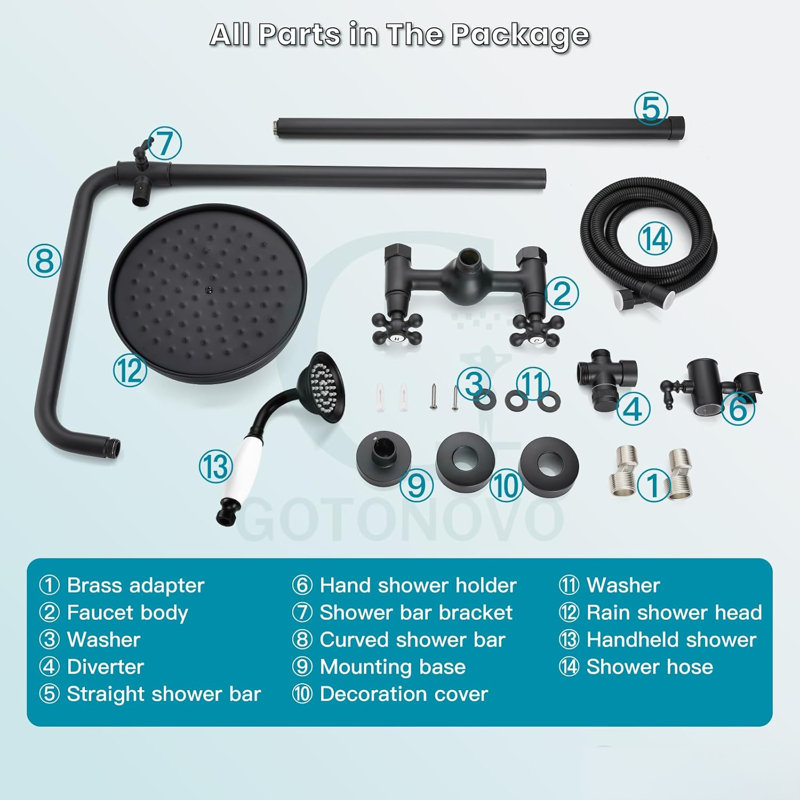 Traditional Exposed Rain Shower System with Handheld Spray, 8'' Wall Mounted Brass Shower Fixture with Adjustable Straight Riser and Cross Handles