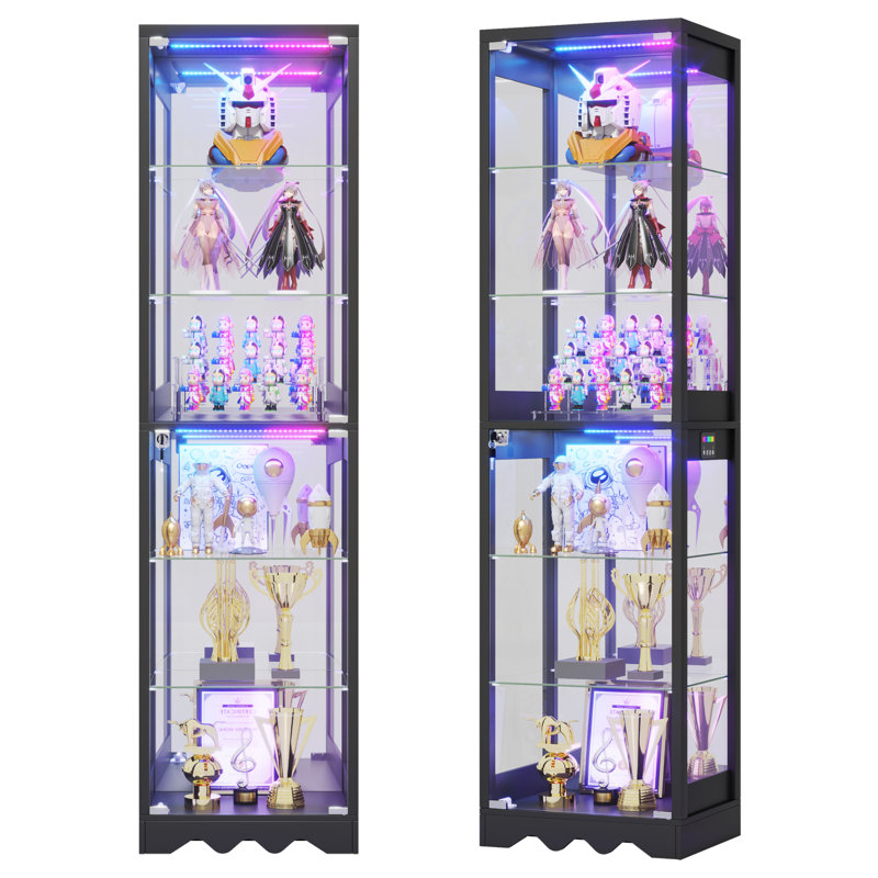 6-Tier Display Cabinet with Human Body Sensor RGB Lights, Black