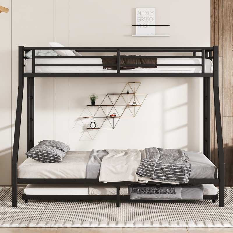 Twin XL Over Queen Metal Bunk Bed with Twin Size Trundle, Black, Twin XL Over Queen