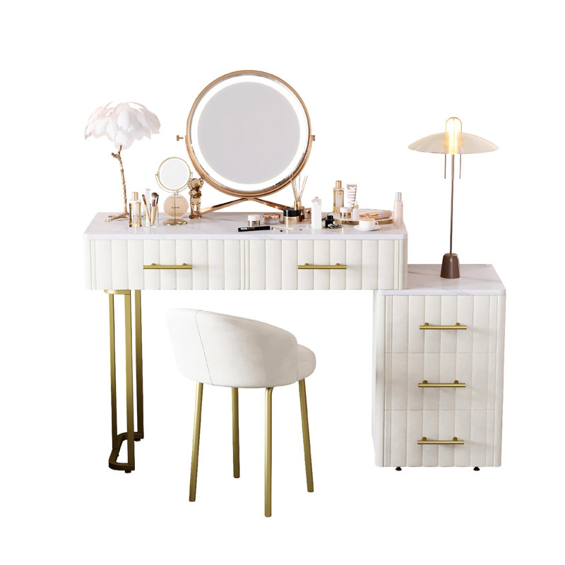 Beige Velvet Vanity Desk And Chair, 5 Big Drawers, Marble - Look Sticker, Gold Metal Handles, Left/Right Drawer Adjustment Upholstered Dressing Vanity, Color, Tabletop, Accents, Setup, Adjustable