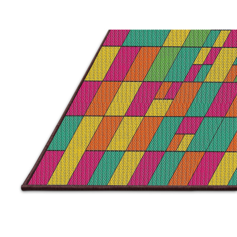 Tapis vert/rose/orange à motifs, Rectangle 5 pi x 7 pi