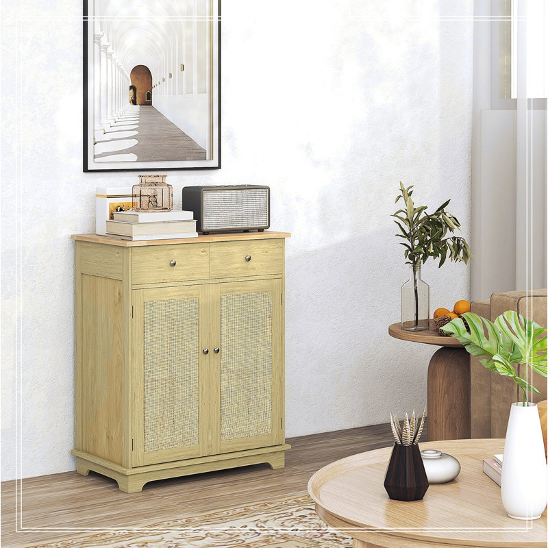 Natural Oak and Rattan Sideboard with Solid Wood Countertop