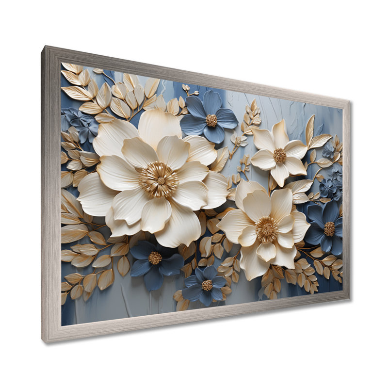 Composition de fleurs saisonnières beige et bleu - Fleurs saisonnières, H 30 po x l 40 po x P 1,5 po, Cadre simple argenté