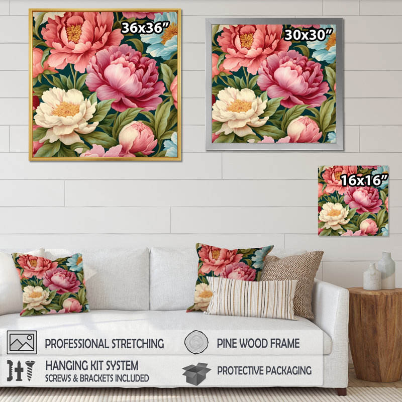 Pivoine rose, jardin parfait, Toile tendue, H 16 po x l 16 po x P 1 po