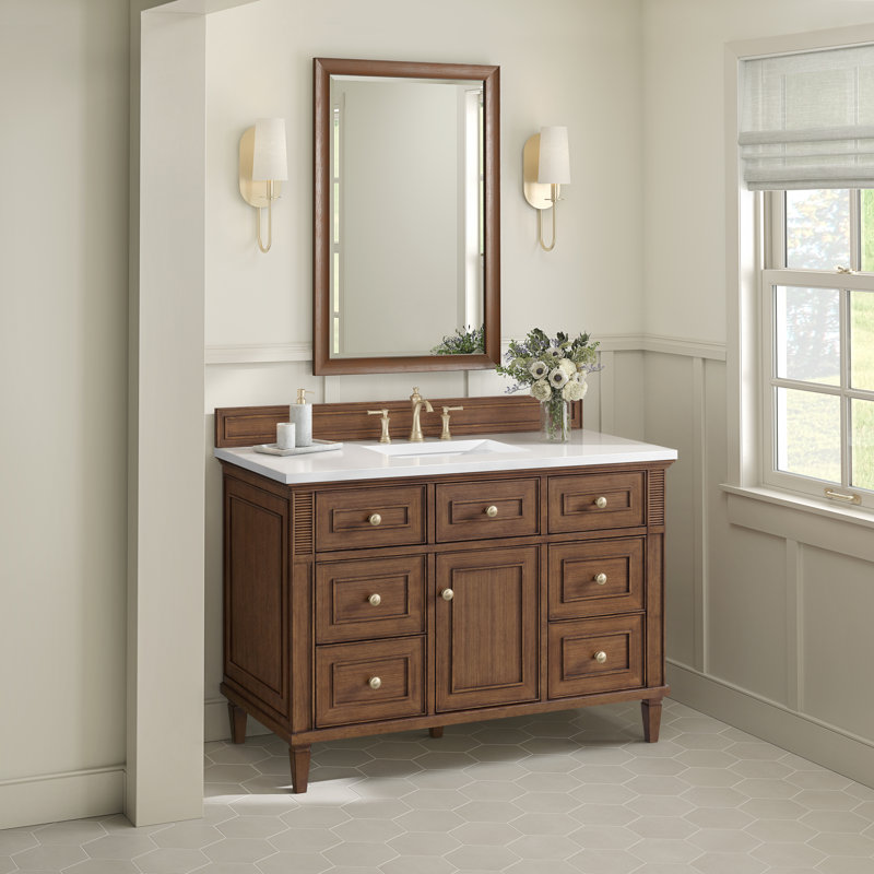 Lorelai 48'' W Single Vanity, White Zeus Quartz, Mid-Century Walnut, 8" Widespread