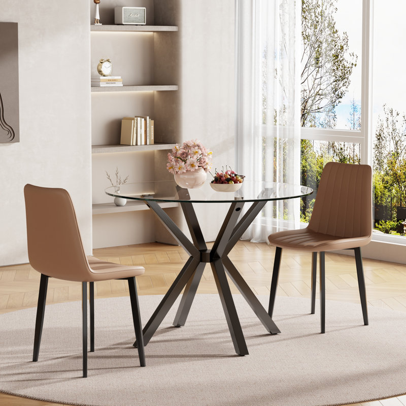 Ensemble de table de salle à manger 35,4 pouces en verre avec chaises en polyuréthane, Clair, Brun