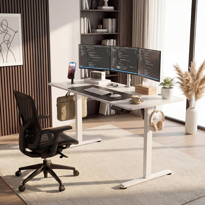 Bureau debout électrique à hauteur ajustable 55 pouces, blanc, H 48,1 po x l 55,12 po x P 23,62 po, White/White