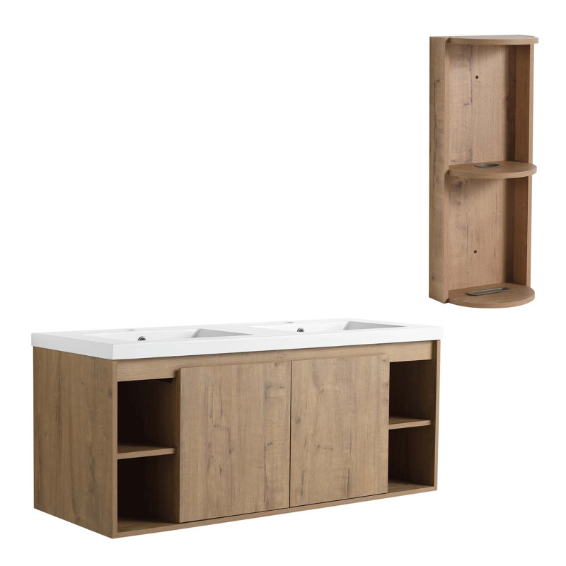 Meuble-lavabo mural 48 po avec double lavabo et support de rangement, portes à fermeture en douceur (emballage KD)